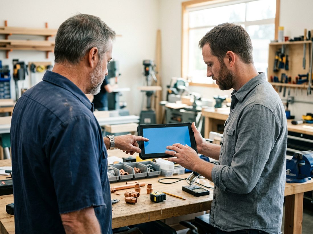 A tradesman and his business partner reviewing job details together on a tablet at a workbench.