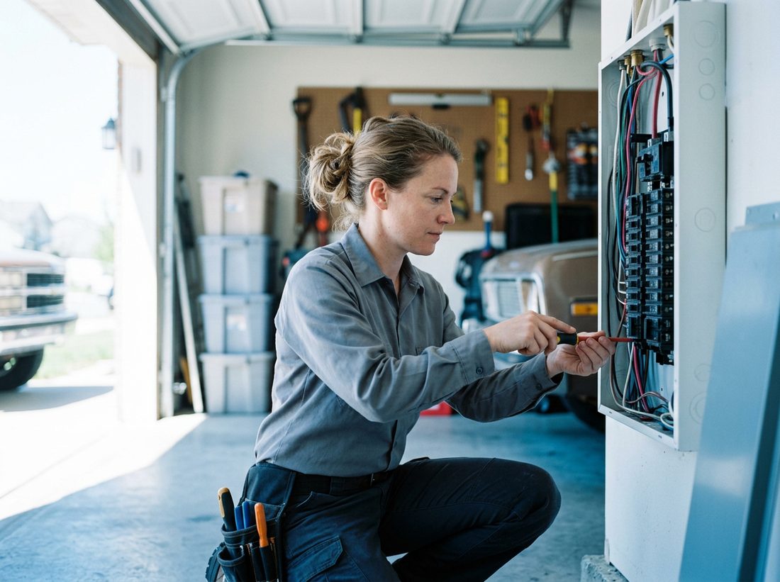 A licensed electrician working carefully on a residential electrical panel in an open garage.